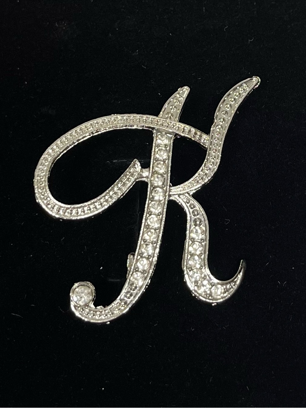 Brooch Silver tone rhinestone Script 'K' Initial, NIB, approx 1.75 x 1.5“